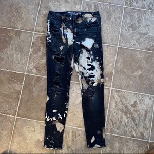 Black bleached skinny distressed high rise jeans